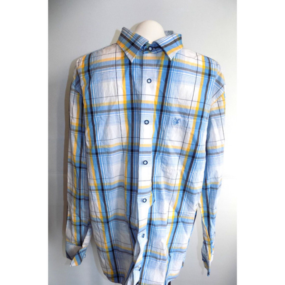 South Pole Mens XL Plaid Button Down Shirt Blue Yellow Long Sleeve Authentic